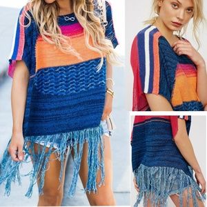 Free People sunset Fringe sweater poncho pullover
